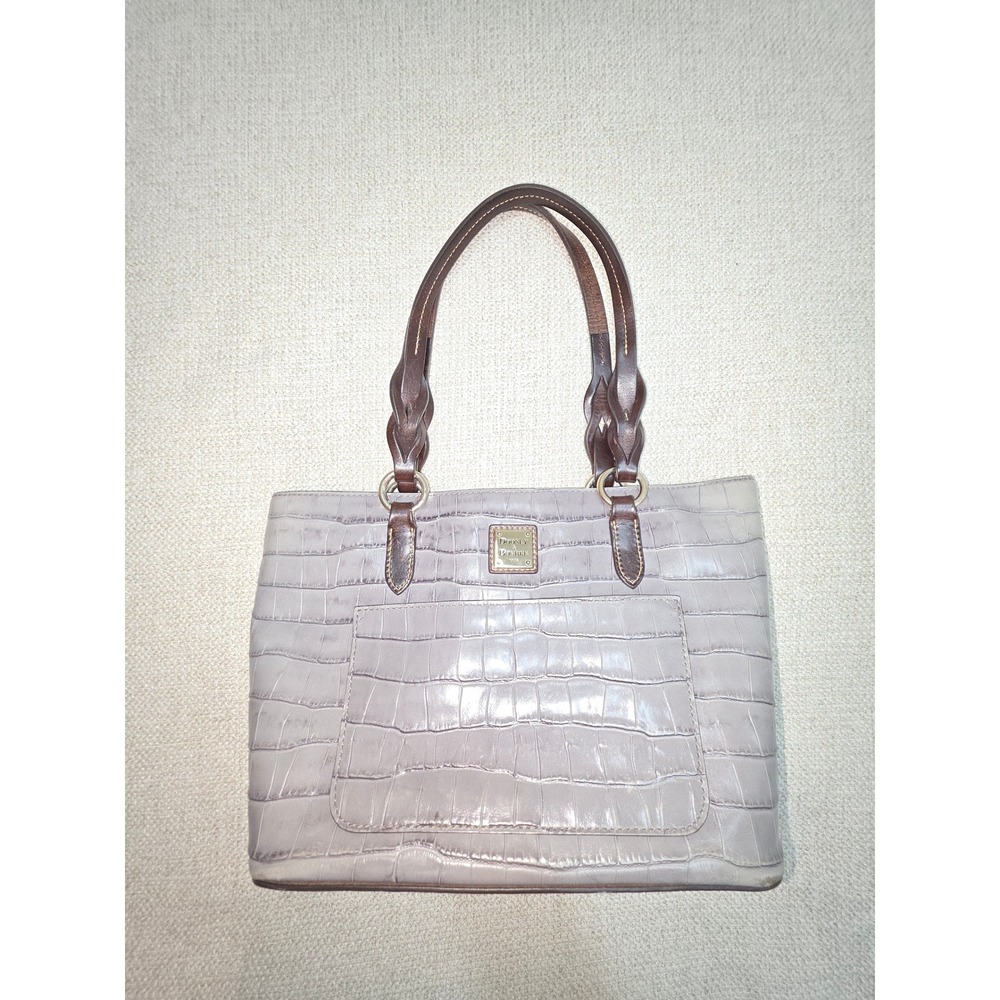Dooney & Bourke Grey Croc Embossed Leather Tote Bag Brown Braided Handles Large